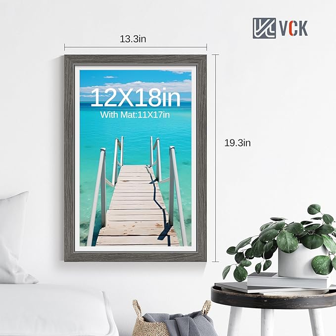 VCK 12x18 Picture Frame 5 Pack - Grey, High-End Wood Poster Frames with Tempered Glass, Display 11x17 Photo with Mat or 12x18 without Mat, Art Gallery-Quality, Wall Hanging, Grey
