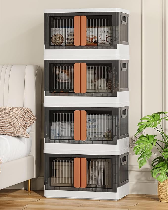 8.4Gal Collapsible Storage Bins with Lids & Wheels - 4 Pack Stackable with Doors, Heavy-Duty Plastic Containers for Home/Office, White