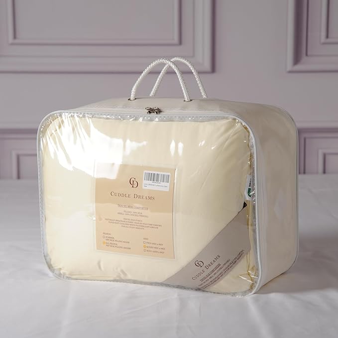 CUDDLE DREAMS Silk Filled Comforter for All Season, Detachable Tencel Duvet Cover for Easy Care, Naturally Breathable (Ivory, Queen)