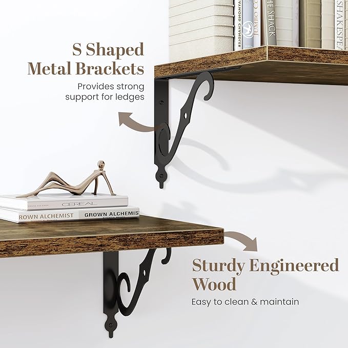 Fun Memories 36 Inches Floating Shelves, Rustic Long Wall Shelves, 12 Inch Deep Book Shelf Wall Mounted, Wide Display & Storage Shelves for Living Room, Bathroom, Bedroom, Rustic Brown, Set of 2