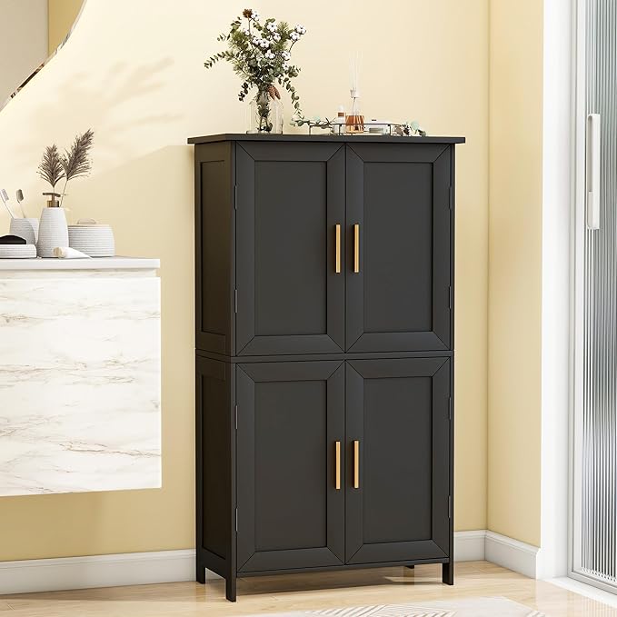 Bathroom Storage Floor Cabinet Freestanding Organizer with Adjustable Shelves for Bathroom Bedroom Laundry Room,4 Doors