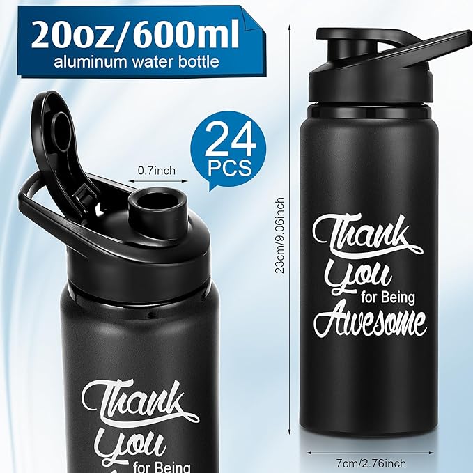 Tanlade 24 Pack Staff Employee Appreciation Gifts 20oz Aluminum Water Bottle Bulk Housekeeper Appreciation Thank You for Being Awesome Bottle with Snap Lid Thank You Gift for Coworker(Black)