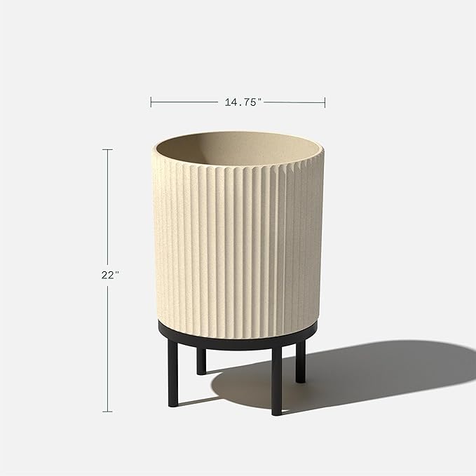 Veradek Demi Series Round Planter w/Stand for Porch/Patio | Durable Plastic-Stone Composite & Wooden Stand | Modern Décor for Tall Plants, Flowers