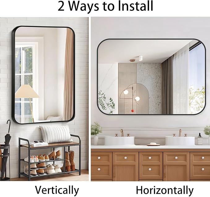 40x30 Inch Black Wall Mirror for Bathroom, Brushed Metal Framed Mirror with Rounded Corner, Rectangle Bathroom Vanity Mirror for Bedroom or Living Room, Horizontal/Vertical