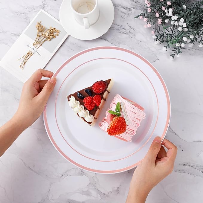100PCS Rose Gold Plastic Plate, Disposable Party Plates with 50 Dinner and 50 Dessert Plates, Plastic Plate for Party, Wedding and Birthday