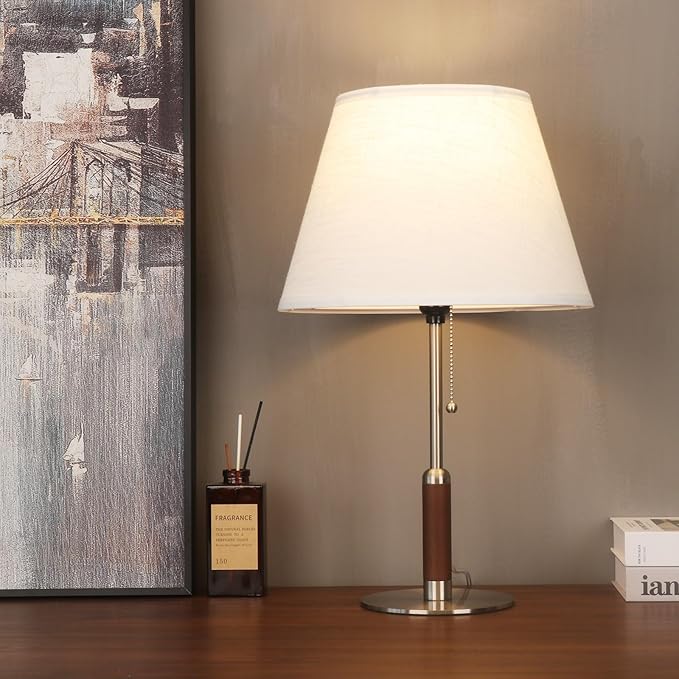 21" Table Lamps for Night Stands Bedside Lamp for Living Room Bedroom Lamp for End Tables 3-Color Pull Chain Switch Walnut Wood Fabric for Home/Office/Desk Decor (Off White+Brushed Nickel)