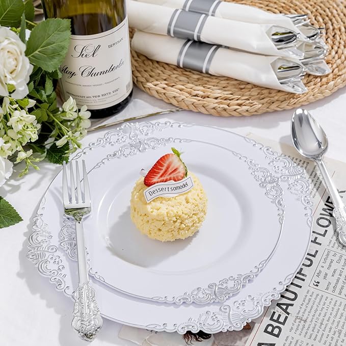 Liacere 350PCS Silver Plastic Plates&Pre Rolled Napkins for 50 Guests - Plastic Dinnerware Sets 100Silver Disposable Plates, 150Silver Silverware, 50Cups and 50Napkins for Wedding