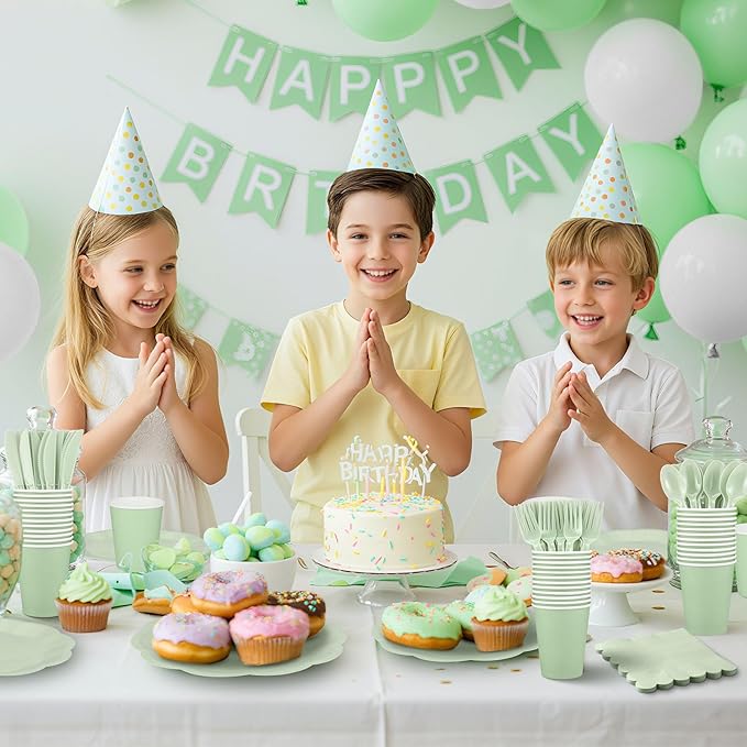 175 Pcs Sage Green Party Plates Cups and Napkins Set, 25 Guest Sage Green Party Supplies Include Scalloped Plate Napkin Cup Forks Knives Disposable Plastic Cutlery for Wedding Baby Shower Birthday