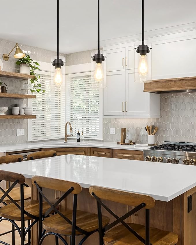EAPUDUN Pendant Lights (2 Packs), Hanging Lights Fixtures, Clear Glass Shade Kitchen Lighting, Matte Black Farmhouse Kitchen Dining Table Ceiling Lights -PDA1353-B-MBK