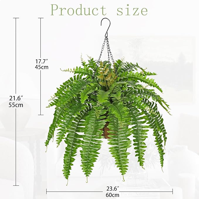 Fake Hanging Plants Large Boston Fern Artificial Plants Outdoor Realistic Fake Ferns with Palm Basket Silk Plants Ferns Hanging Plant Artificial Decor for Home Front Porch Window Garden - Green