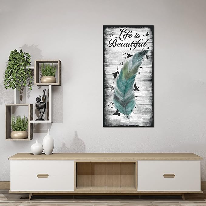 iKNOW FOTO Rustic Canvas Wall Art Decor Abstract Feather and Flying Birds with Inspirational Quote Life is Beautiful Picture Giclee Prints for Modern Living Room Bedroom Decoration 20x40
