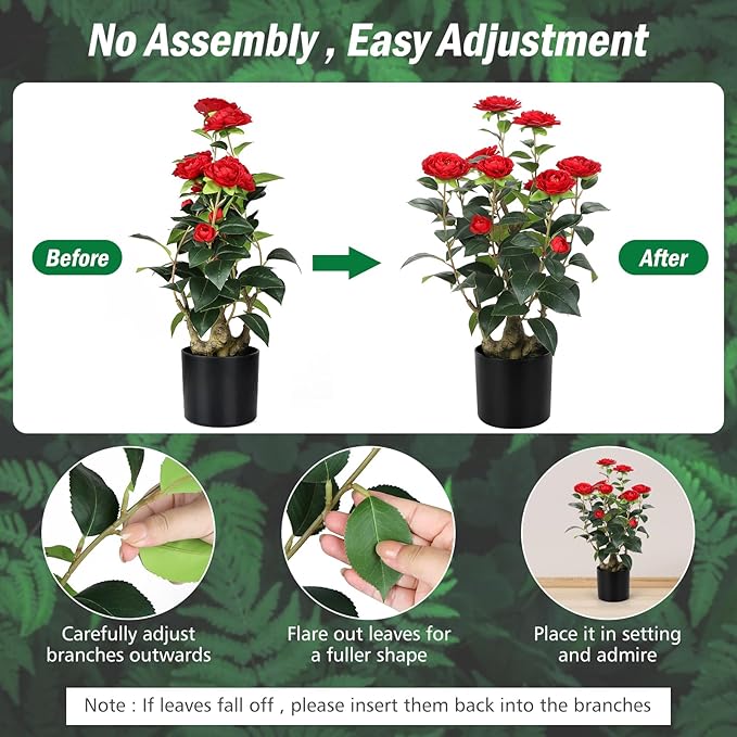 Romantic Season 2FT Red Artificial Camellia Tree 2Pack, Faux Camellia Plant Fake Potted Camellia Flower Tree for Modern Home Office Living Room Floor Décor