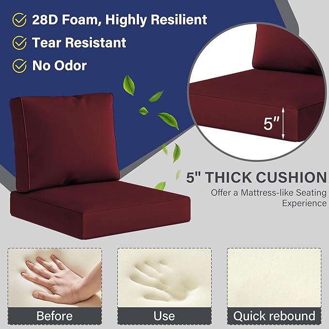 UIXE 24.5" Deep Seat Outdoor Cushion Set with Back Pads, Patio Furniture Cushions, Sectional Sofa Bistro Chair Cushion - Red, Set of 2