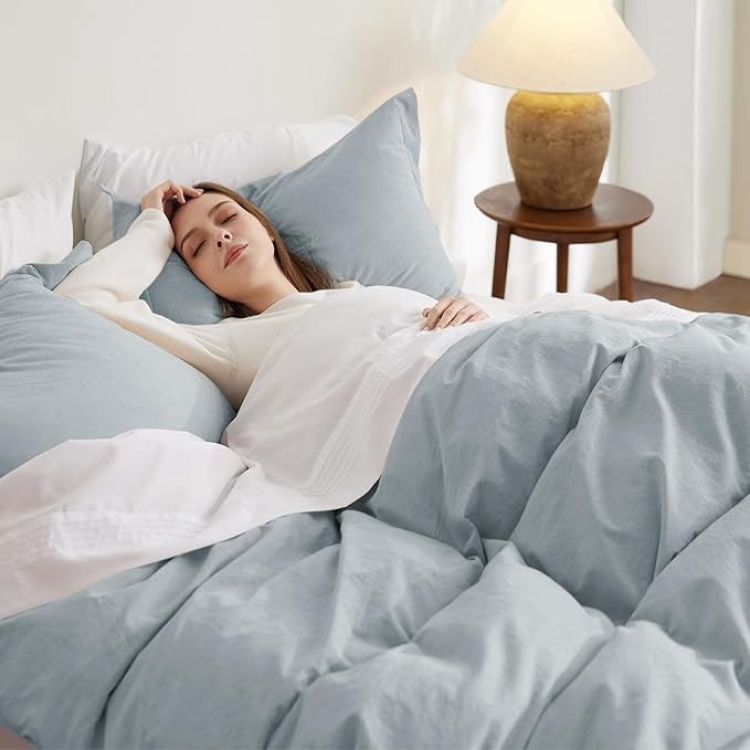 Bedsure 100% Stone Washed Cotton Duvet Cover Queen - Cornflower Blue Minimalist Duvet Cover Linen Like for All Seasons - GentleSoft™ Plain Simple Bedding, 3 Pieces (Cornflower Blue, Queen, 90"x90")