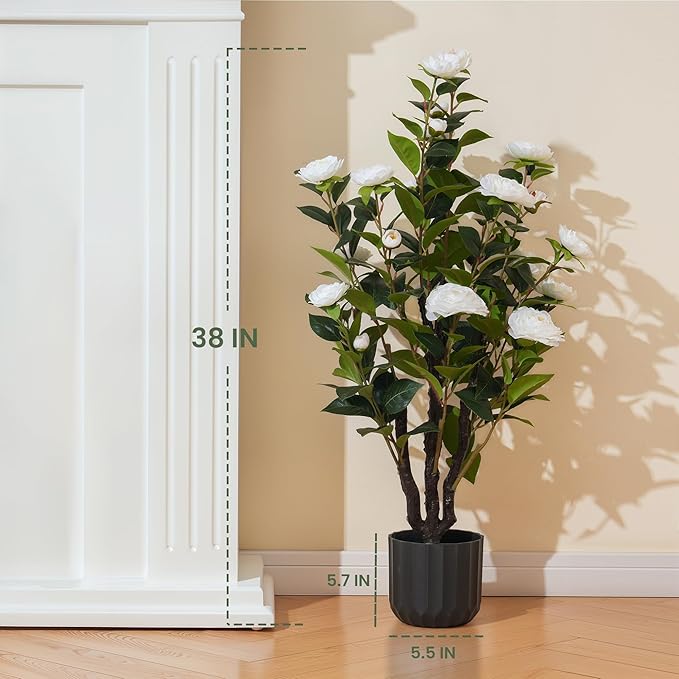 3.2FT Artificial Camellia Trees, White Silk Flowers, Indoor Faux Plants with Realistic Trunk in Black Cement Pot for Home House Living Room Bedroom Office Decor, 2pcs