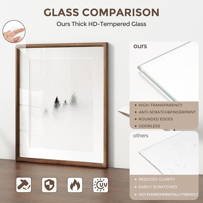 11x14 Picture Frame Set of 2, USA-Sourced Walnut Wood Photo Frame with Tempered Glass, Handcrafted Rounded Corner 11 x 14 Wooden Frame Matted to 8x10 Photos, Wall or Tabletop Display