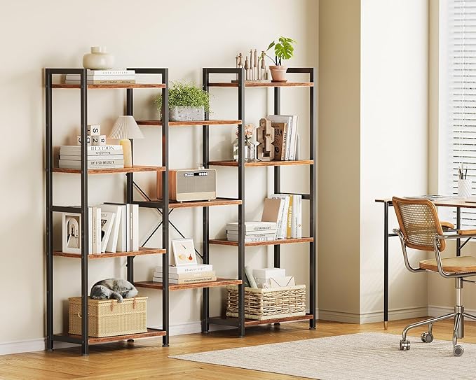 Casaottima Triple 4 Tier Bookshelf, Large Bookcase with 11 Open Display Shelves, Modern Industrial Book Shelves Book Case for Bedroom, Wide Standing Shelving Unit for Living Room Home Office, Vintage