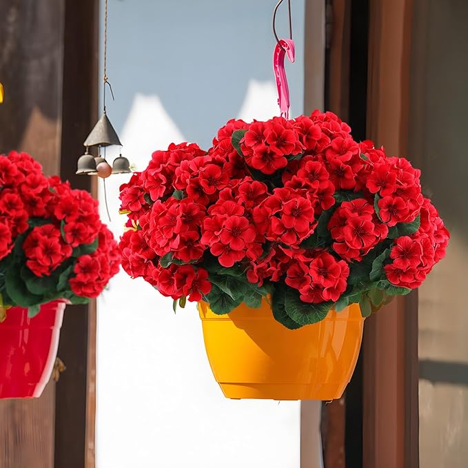 Hananona 2 Set Artificial Outdoor Geraniums Flowers with Hanging Basket, 2 Hanging Planters with 12 Pcs Red Geranium Flowers for Spring Summer Front Porch Garden Patio Home Decor (2, Red)