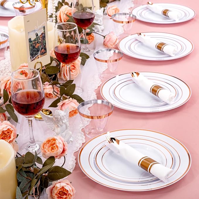 DaYammi 210PCS Rose Gold Plastic Dinnerware Set for 30 Guests, Valentine's Day Plates for Party, Include: 30 Dinner Plates, 30 Dessert Platos, 30 Pre Rolled Napkins with Rose Gold Silverware, 30 Cups