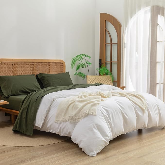 BESTOUCH Sheet Set 100% Washed Cotton Linen Feel Super Soft Comfortable Chic Lightweight 3 Pcs Home Bedding Set Solid Olive Green Twin