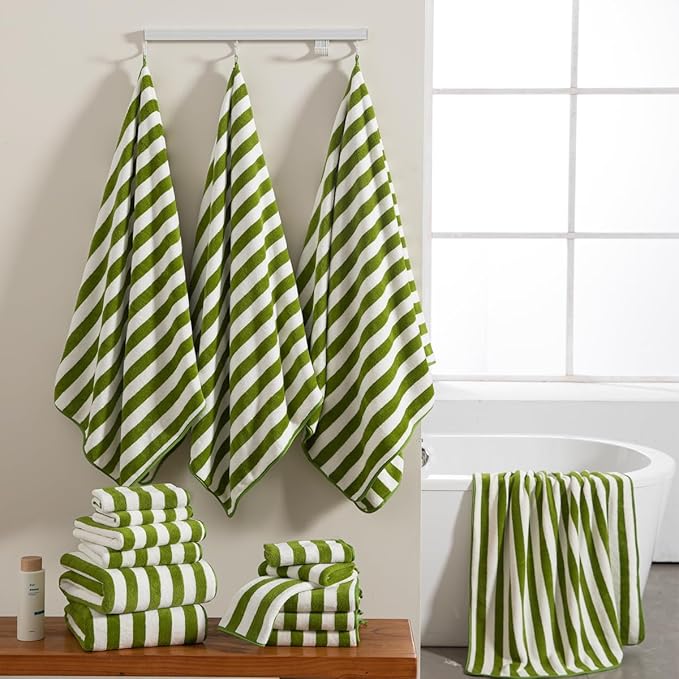 18 Pcs Green Cabana Stripe Family Towels Set with Hanging Loop-6 Bath Sheets,6 Hand Towels,6 Washcloths Ultra Soft Bathroom Towel Highly Absorbent Quick Dry Shower Towel for Beach Chair,Spa,Gym,Hotel