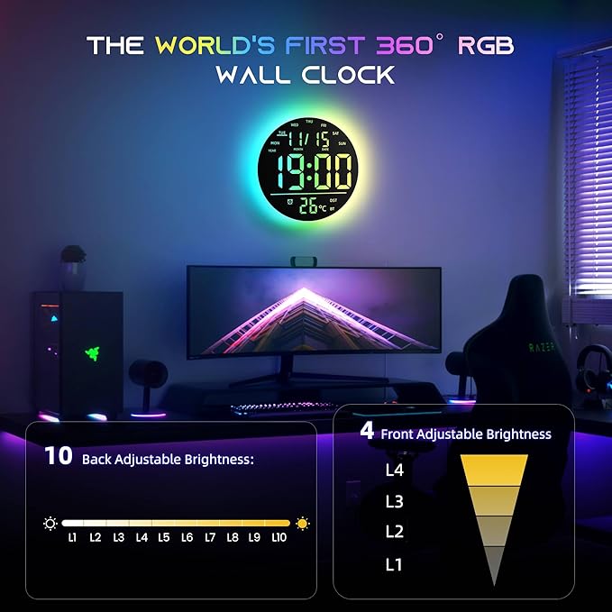 10" Large Digital Wall Clock with Remote Control, Music Sync RGB Atmosphere Light, Low-Reflectivity, Temperature, LED Display, Dual Alarms, BT Sync, Auto DST for Bedroom and Classroom