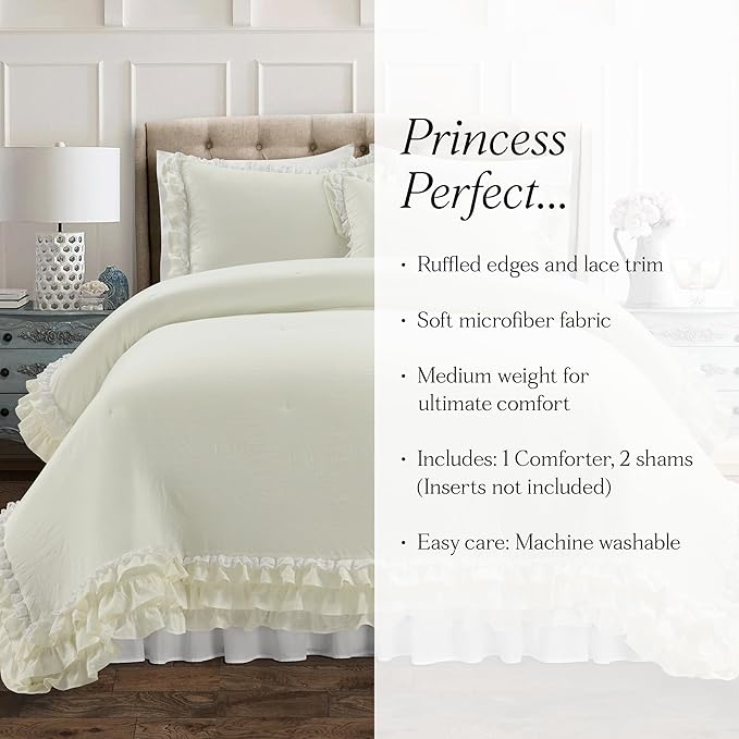 Lush Decor Ella Parisian Vintage Chic Ruffle Lace 3 Piece Comforter Set, Full/Queen, Ivory