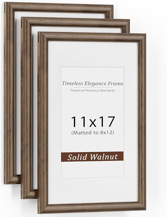 11x17 Picture Frame, USA-Sourced Walnut Wood with Tempered Glass, Display 8x12 with Mat or 11x17 Without Mat, 11 by 17 Photo Frame for Vertical & Horizontal Display, Handcrafted Wood Frame, 3 Pack