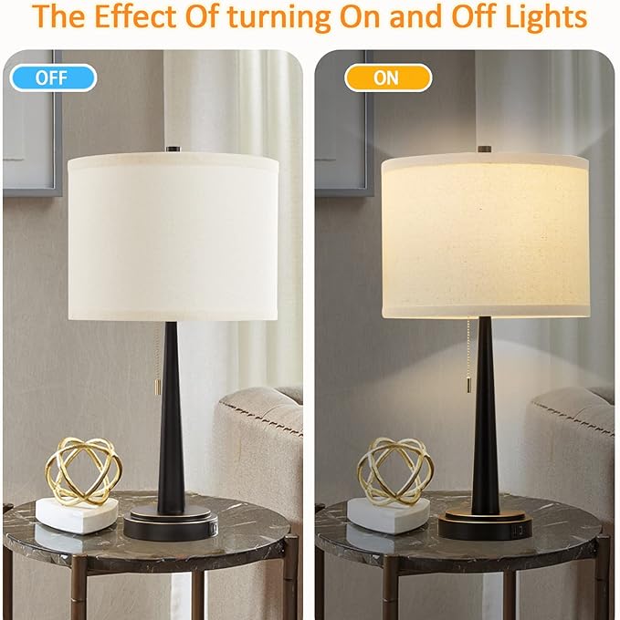 GyroVu Table Lamp Set of 2, Beside Lamps with USB-C+A Nightstand Lamp with Pull Chain Swtich Modern Led Table Lamp for Living Room, Bedroom & Office-9W Led Bulbs Included(Matte Black)