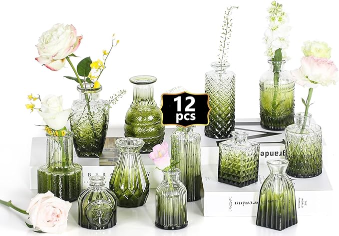 Mini Bud Vases As Wedding Centerpieces for Tables,Clear Bud Vases for Flowers,Small Flower Vases Suitable for Birthday Party,Anniversary,Wedding Reception,Baby Shower (Dark Green, 12PCS)