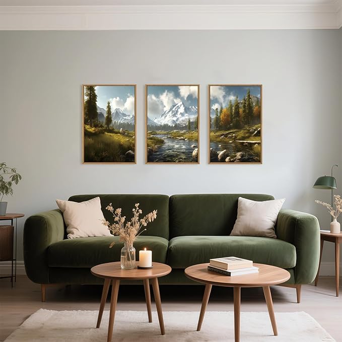 Large Watercolor Snow Mountain Framed Canvas Wall Art,Modern River Grassland Wall Decor,Natural Green Forest Artwork,Neutral Wood Landscape Art Print for Living Room,Bedroom,Office-24 x36 x3