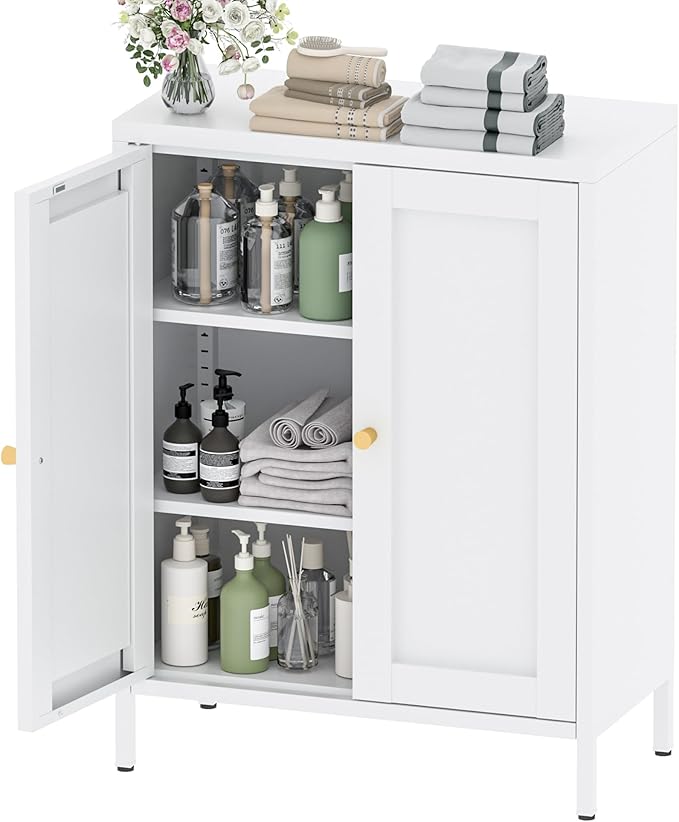 Metal Bathroom Storage Cabinet,Bathroom Floor Storage Cabinet with 2 Adjustable Shelves and 2 Doors,Freestanding Sideboard for Small Spaces, Living Room, Home Office, Dining Room,White