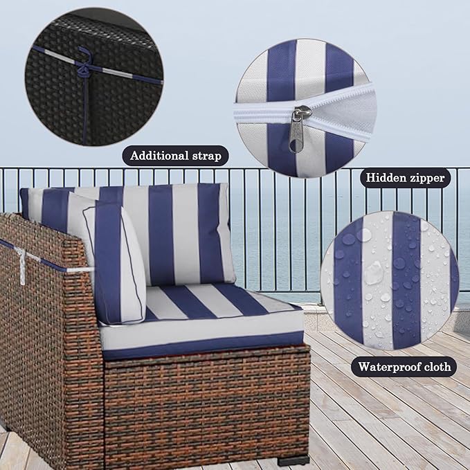Outdoor Furniture Replacement Cushions, 14 Pcs Water-Resistant Replacement Sofa Cushion for Patio Garden Porch (Liner&Cover,Only Cushion No Sofa) (Blue & White Stripes)