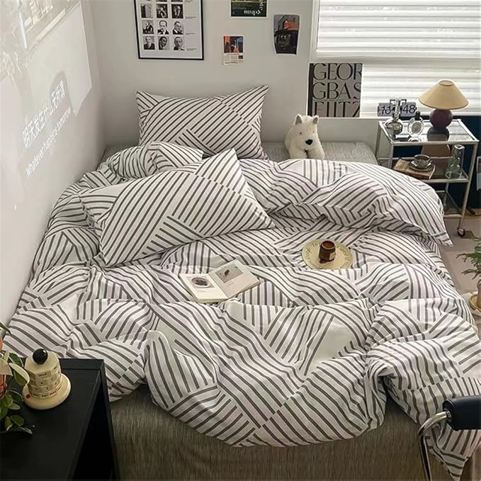 VM VOUGEMARKET Stripes Duvet Cover King,Instagram Style Geometric Duvet Cover with Zipper Ties 100% Cotton Modern Fashion Bedding Set for Men Women-King,Gray Stripes