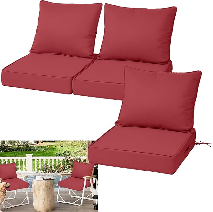 Waterproof Outdoor Chair Cushion Set of 3, 24x24x5 IN Deep Seat Patio Cushions with Fade Resistant Removable Cover,Outdoor Cushions for Patio Furniture with Ties&Handle for Chair Sofa Couch,Wine Red