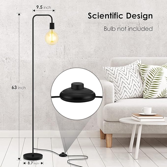 BoostArea Floor Lamp, Industrial Floor Lamp, 63 Inch Standing Lamp, E26 Socket, On/Off Footswitch, Whole Metal, ETL Listed, Modern Small Lamp for Bedroom, Living Room, Minimalist, Vintage, Mid Century
