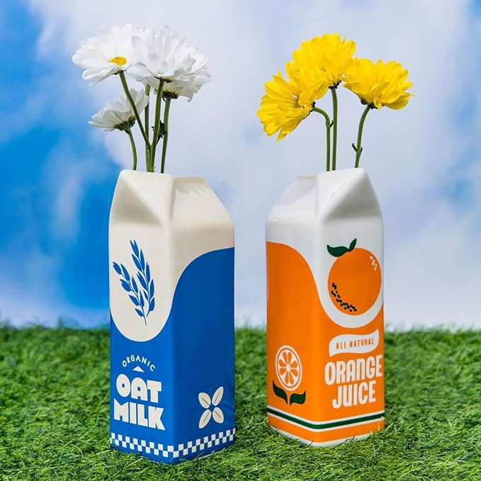 ban.do Vintage Inspired Orange Juice Vase, The Original Rise and Shine Decorative Ceramic Vase, OJ Carton, Retro/Unique/Eclectic/Novelty Accent for Home/Kitchen/Office, Orange Juice