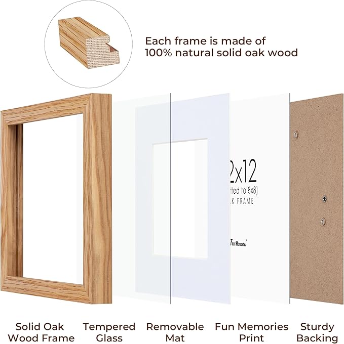 12x12 Picture Frame Set of 2, Oak Wood 12 x 12 Photo Frames for Wall, Square 12 by 12 Wood Frames with Real Glass, 12x12 Frame Matted to 8x8, 12 x 12 Wall Gallery Frame Set