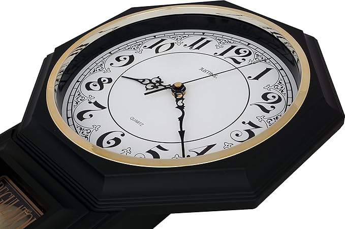 JUSTIME Traditional Schoolhouse Classic Vintage Arabic Regulator Wall Clock, Chiming Wall Clocks with Pendulum & Westminster Chime Hourly, Schoolhouse Wall Decor Battery Operated (Matte Black)