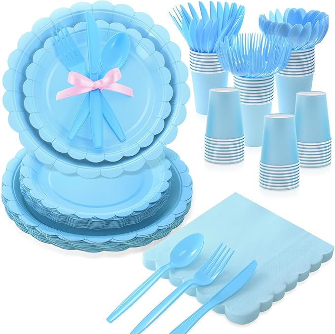 200 Pcs Light Blue Plates and Napkins, 25 Guest Spring Party Supplies Include Scalloped Paper Plates Napkins Cups Plastic Spoons Forks Knives Disposable Tableware Set for Baby Shower