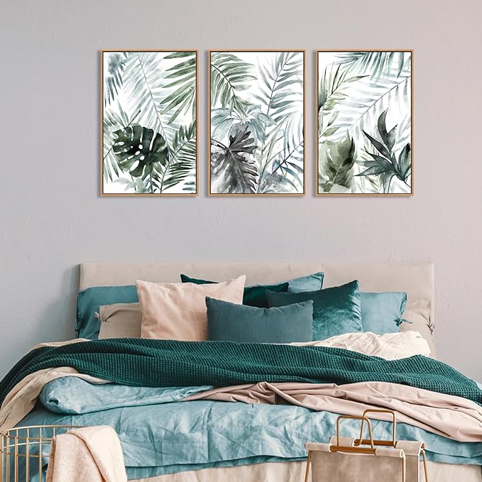 Large Framed Canvas Wall Art - Natural Float Framed Tropic Leaf Pictures Wall Art Prints for Living Room Decor Green Plants Artwork for Bedroom Kitchen Home Office Decoration 48" X 24" Set of 3