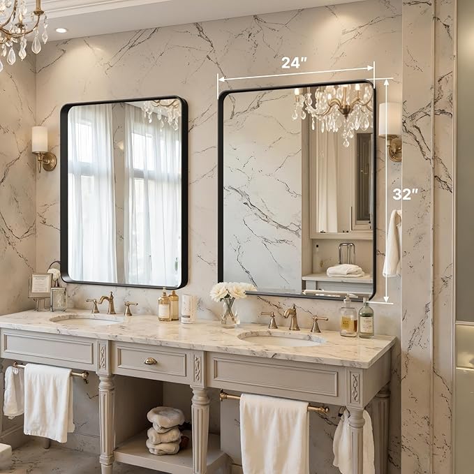 32x24 Bathroom Vanity Mirror for Wall, Aluminum Framed, Farmhouse Rectangle, Anti-Rust, HD Reflection Anti-Desilvering, Distortion Free, Tempered and Shatter-Proof Wall Mounted Mirror, Black