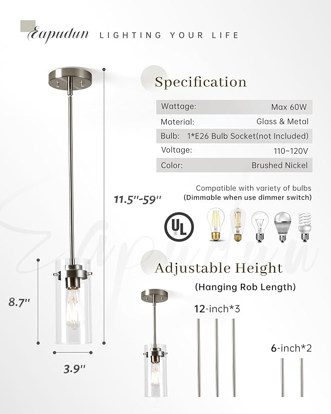 EAPUDUN Pendant Light (2 Packs), Kitchen Lights Ceiling Hanging, Kitchen Light Fixtures Brushed Nickel Finish, Farmhouse Pendant Lighting for Kitchen Island Room-PDA1353-B-BNK