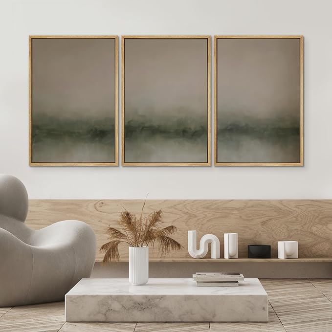 SIGNWIN Framed Wall Art Print Set Neutral Green Abstract Contemporary Misty Landscape Photography Modern Art Minimalist Closeup Dramatic for Living Room, Bedroom, Offic - 16"x24"x3 NATURAL