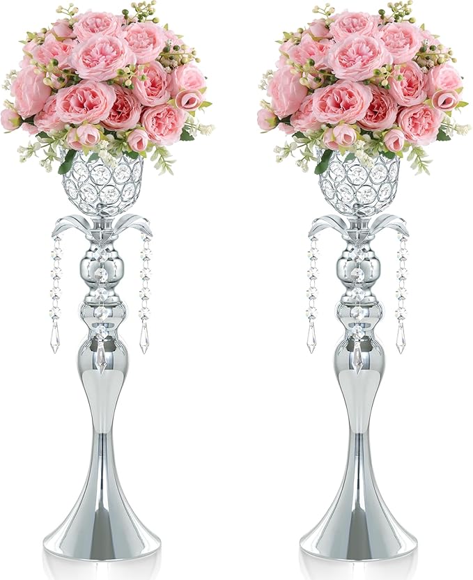 2Pcs Silver Crystal Metal Vase Set - Tulip & Trumpet Wedding Centerpieces, Artificial Flower Arrangement Vases for Home Decor, Restaurant Table Displays