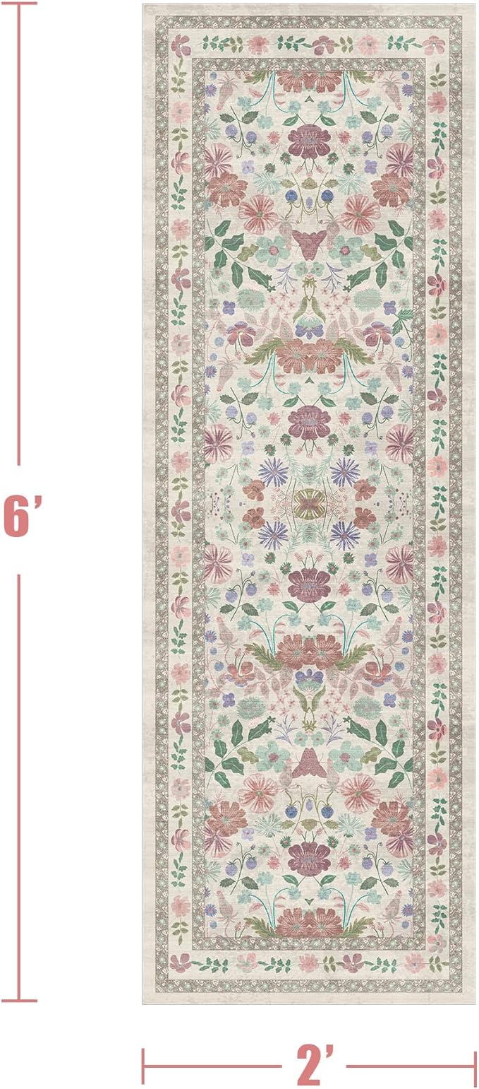 Deerly Floral Runner Rug 2x6 for Kitchen Hallway Bedroom Vintage Boho Washable Bathroom Runner Rugs Non-Slip Soft Low Pile Thin Indoor Carpet for Laundry Room Farmhouse Rug, Beige/Light Pink/Multi