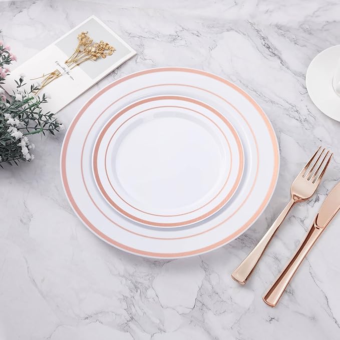 100PCS Rose Gold Plastic Plate, Disposable Party Plates with 50 Dinner and 50 Dessert Plates, Plastic Plate for Party, Wedding and Birthday