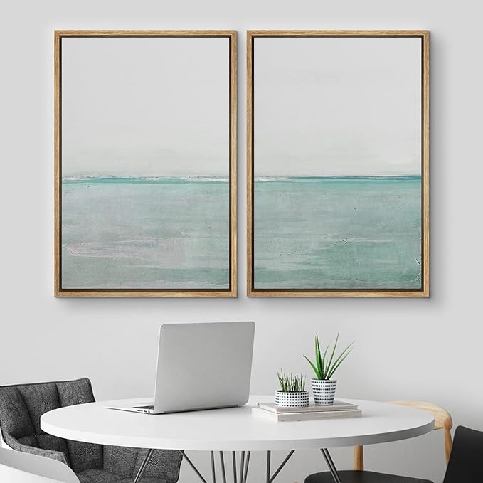 MUDECOR Framed Canvas Print Wall Art Set Teal Watercolor Paint Strokes Abstract Shapes Illustrations Modern Art Decorative Bohemian Calm/Zen for Living Room, Bedroom, Office - 24"x36"x2 Natural
