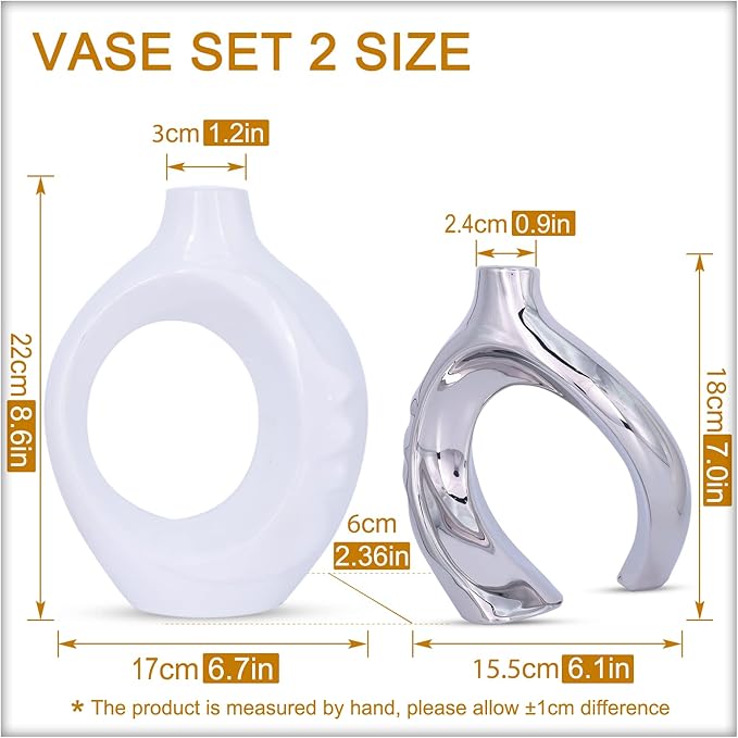 White Ceramic Vase Set of 2, White and Silver Round Donut Ceramic Decorative Vase for Living Room Decor, Bookshelf, Mantel, Dining Table Centerpiece Decor (White Silver)