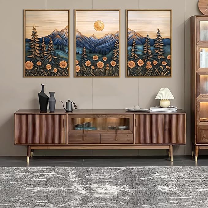 Large Natural Floral Mountain Framed Canvas Wall Art,Vintage Forest Wall Decor,Boho Abstract Moonlight Landscape Artwork,Mid Century Scenery Art Print for Living Room,Bedroom,Office- 24"x36"x3